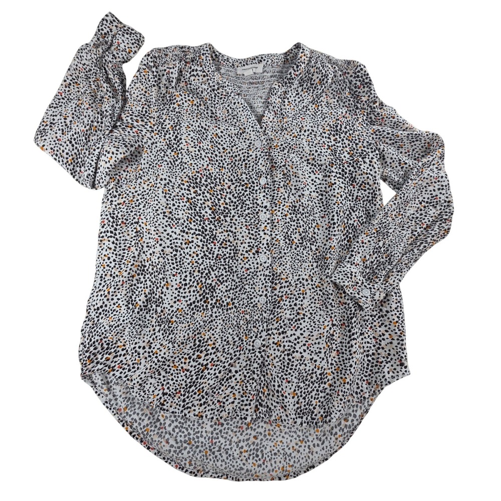 Beachlunchlounge Women Small White Pebble Print Smocked Button Front Blouse Boho